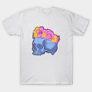 Blue skull with Yellow and Pink Flower Crown T-Shirt